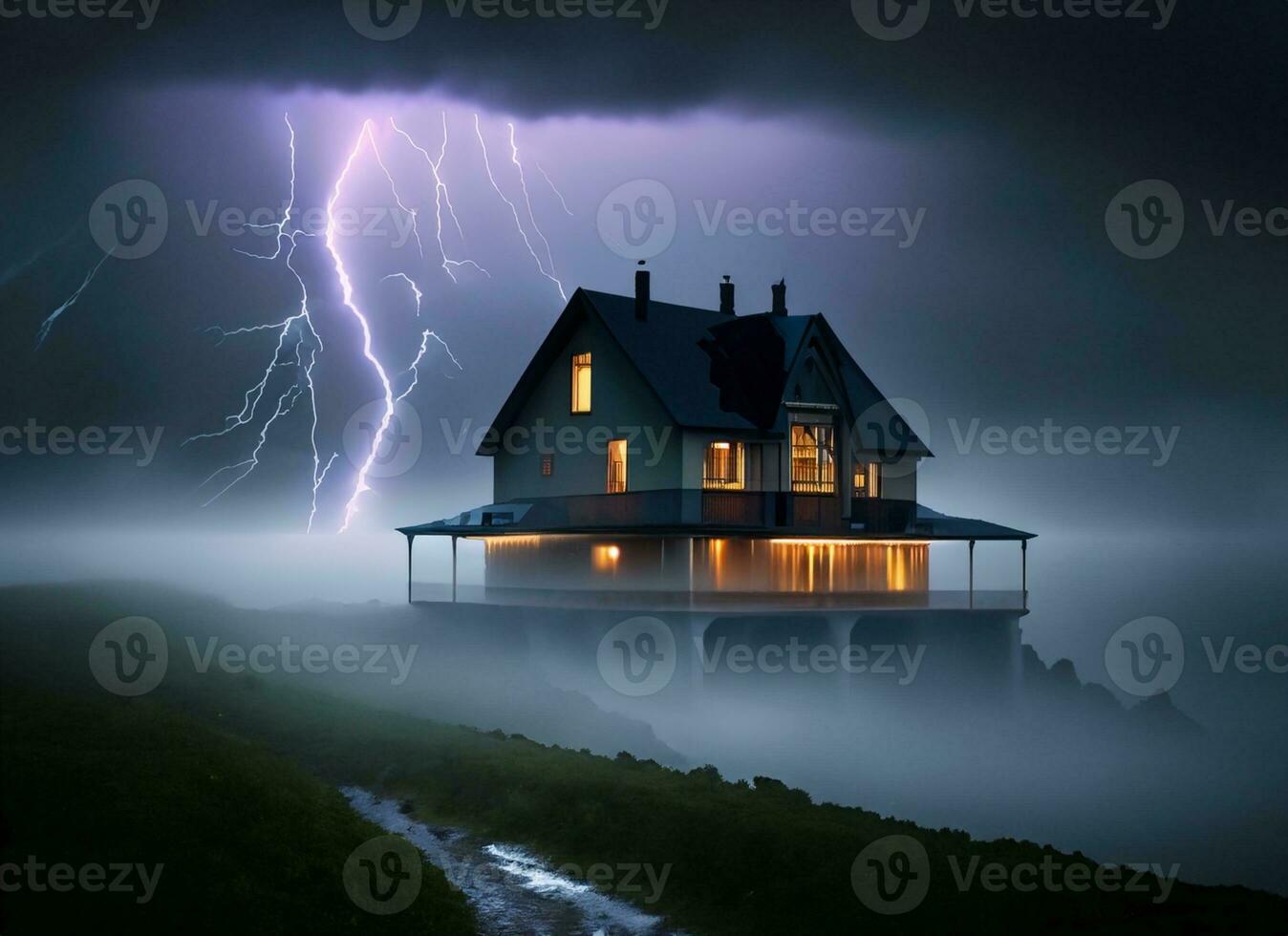 casa cerca el playa con relámpago foto