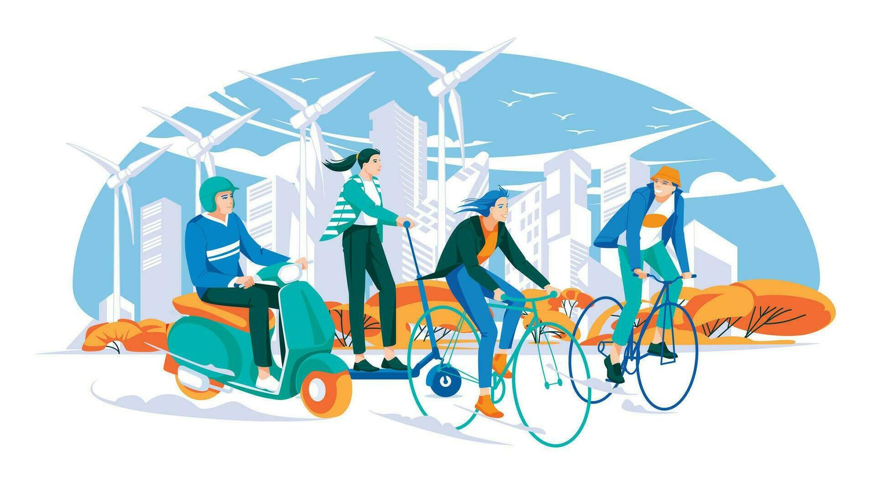 un grupo de joven personas Moviente en un ecológico transporte en contra el antecedentes de un paisaje urbano bicicleta, scooter, ciclomotor. ambiental la seguridad concepto. vector plano ilustración