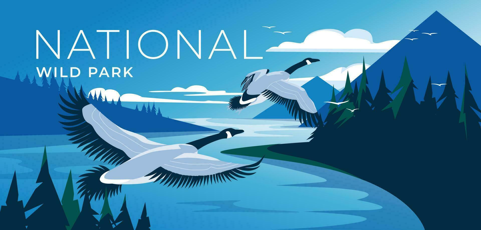 volador canadiense gansos terminado bosque montañas. lago paisaje con calma agua. azul y verde. nacional fauna silvestre parque, turismo y viaje publicidad. vector ilustración