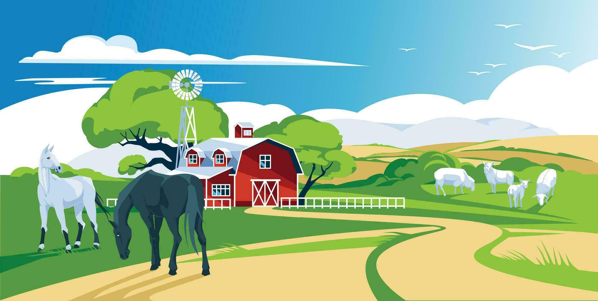 a view of a farm in the middle of a green meadow. Agriculture and harvesting. Pets. Sheep and horses. Vector flat illustration