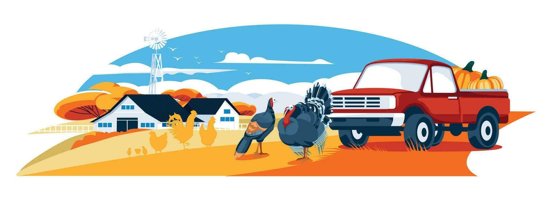 otoño paisaje de un granja con un rojo camión. agricultura, agricultura y cosecha. mascotas. Doméstico aves. pavos y pollos vector plano ilustración