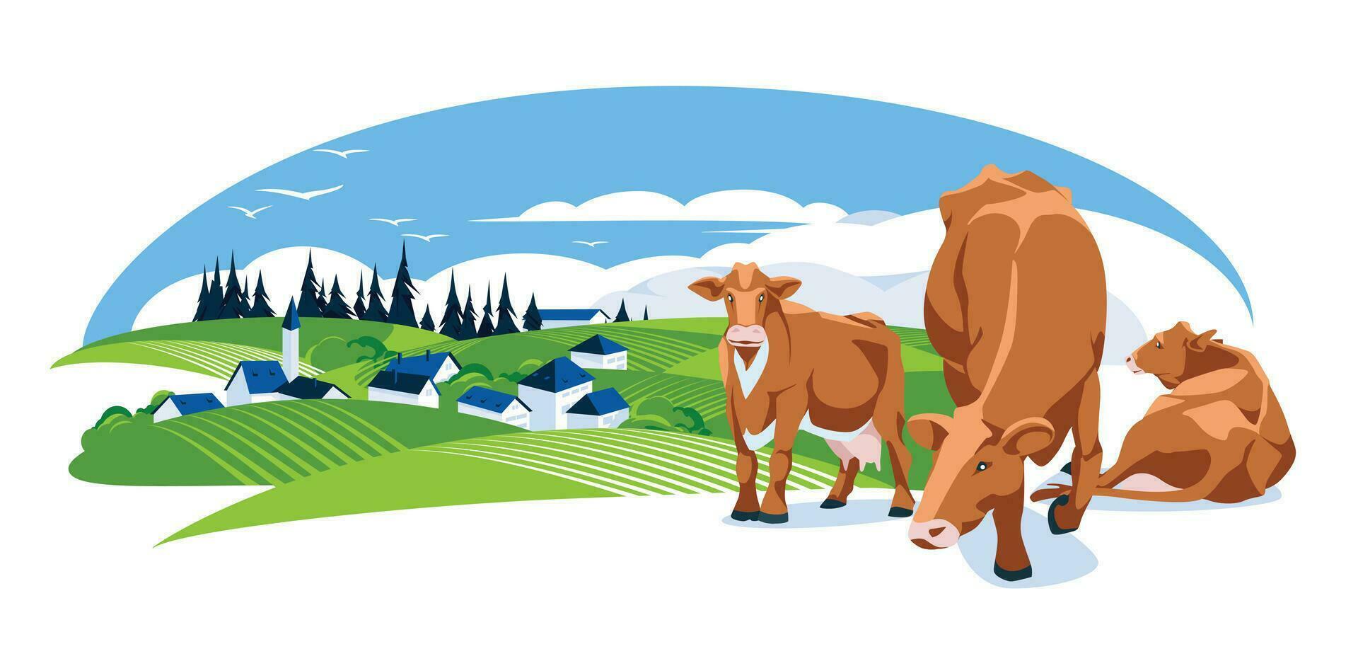 a view of the village in the middle of a green meadow. Agriculture and farming. Pets. Cows Vector flat illustration