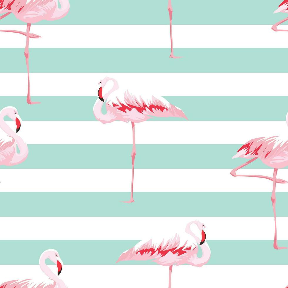 flamingo seamless pattern with pink flamingos on white stripes vector