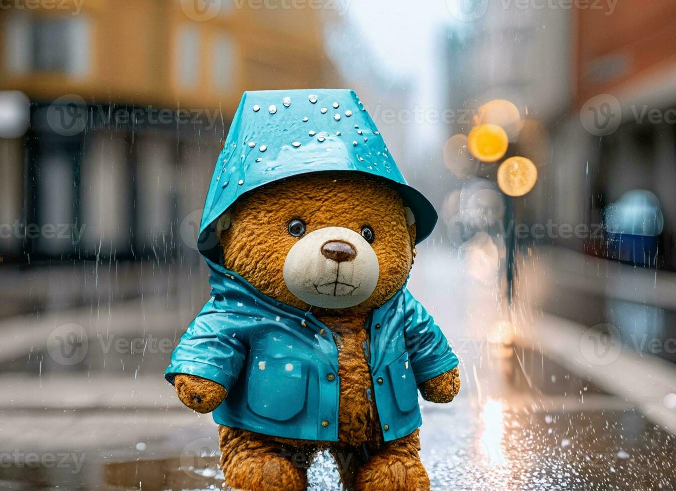 Teddy bear wear raincoat on the street photo