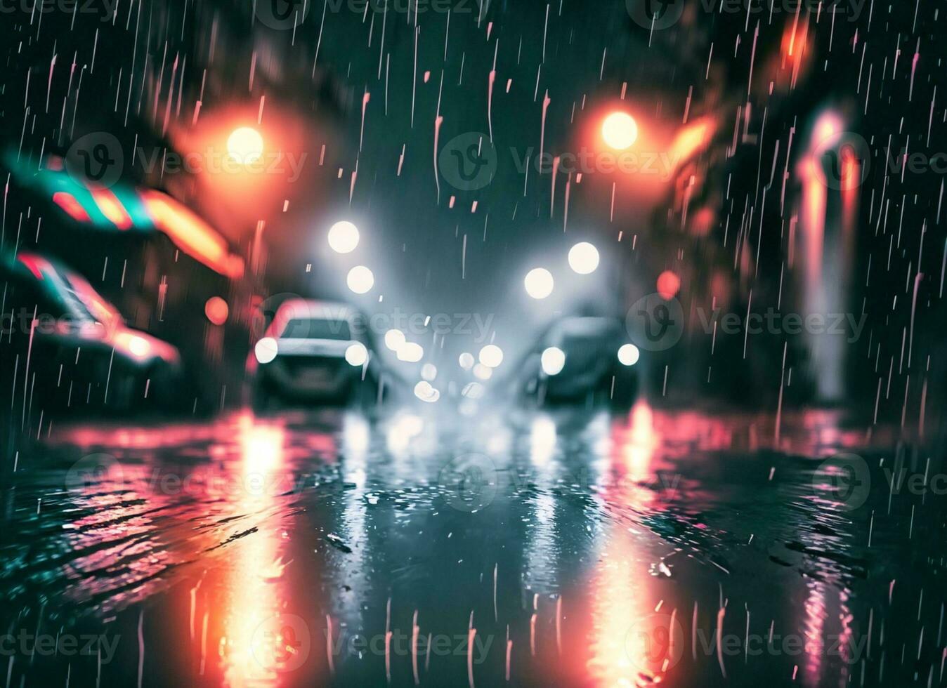 Rain on the street at night with lights photo