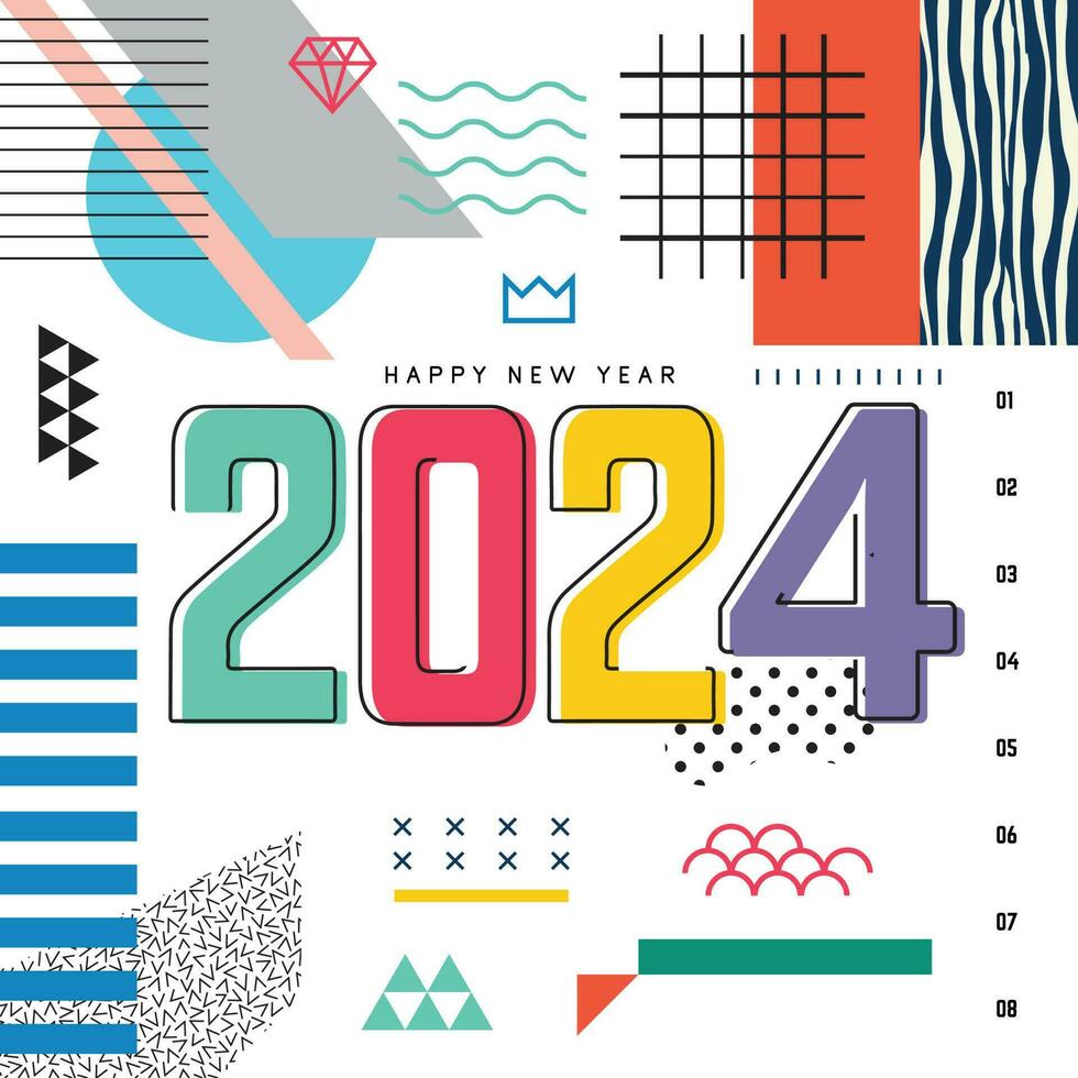 2024 vistoso línea estilo de contento nuevo año carteles resumen diseño con tipografía estilo. vector logo 2024 para celebracion y temporada decoración, antecedentes para marca, bandera, cubrir, tarjeta