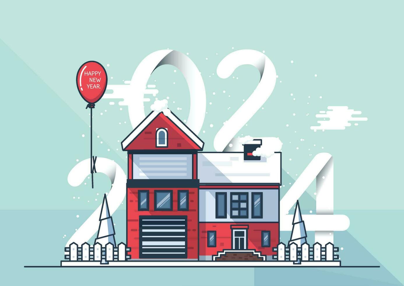 Welcome to the new year 2024. house covered number 2024 and lettering Happy New Year, a beautiful town in the city on the background vector