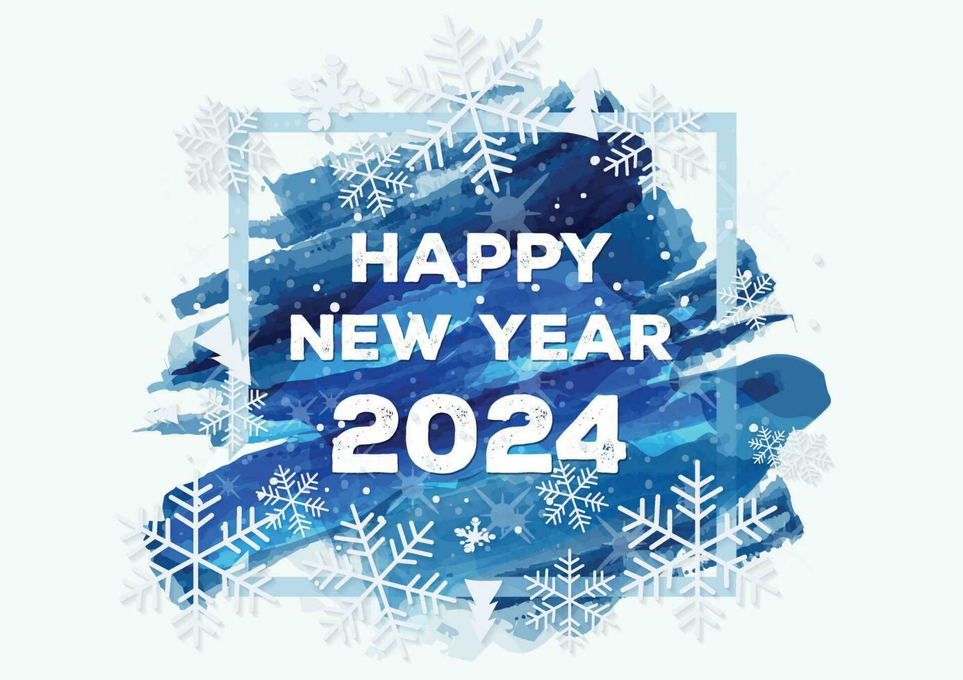 Colorful watercolor Happy New Year 2024 Background with blue brushstroke paint lettering calligraphy vector