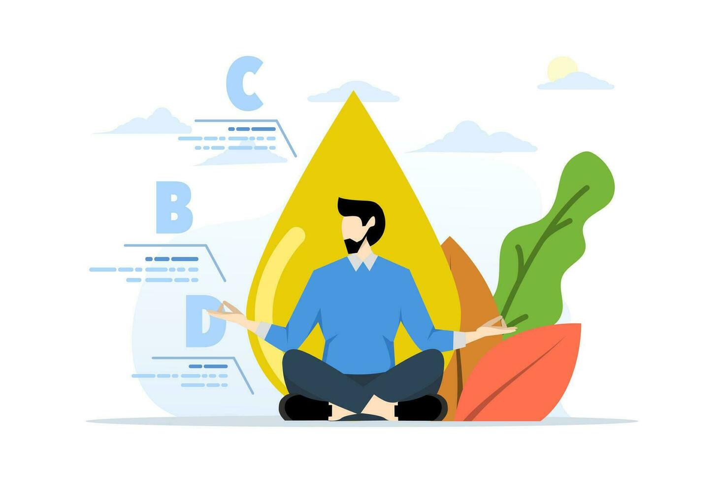 CBD oil benefits concept, medical use of oil, health and body benefits, relaxing conception, indoor or greenhouse. flat vector illustration on white background.