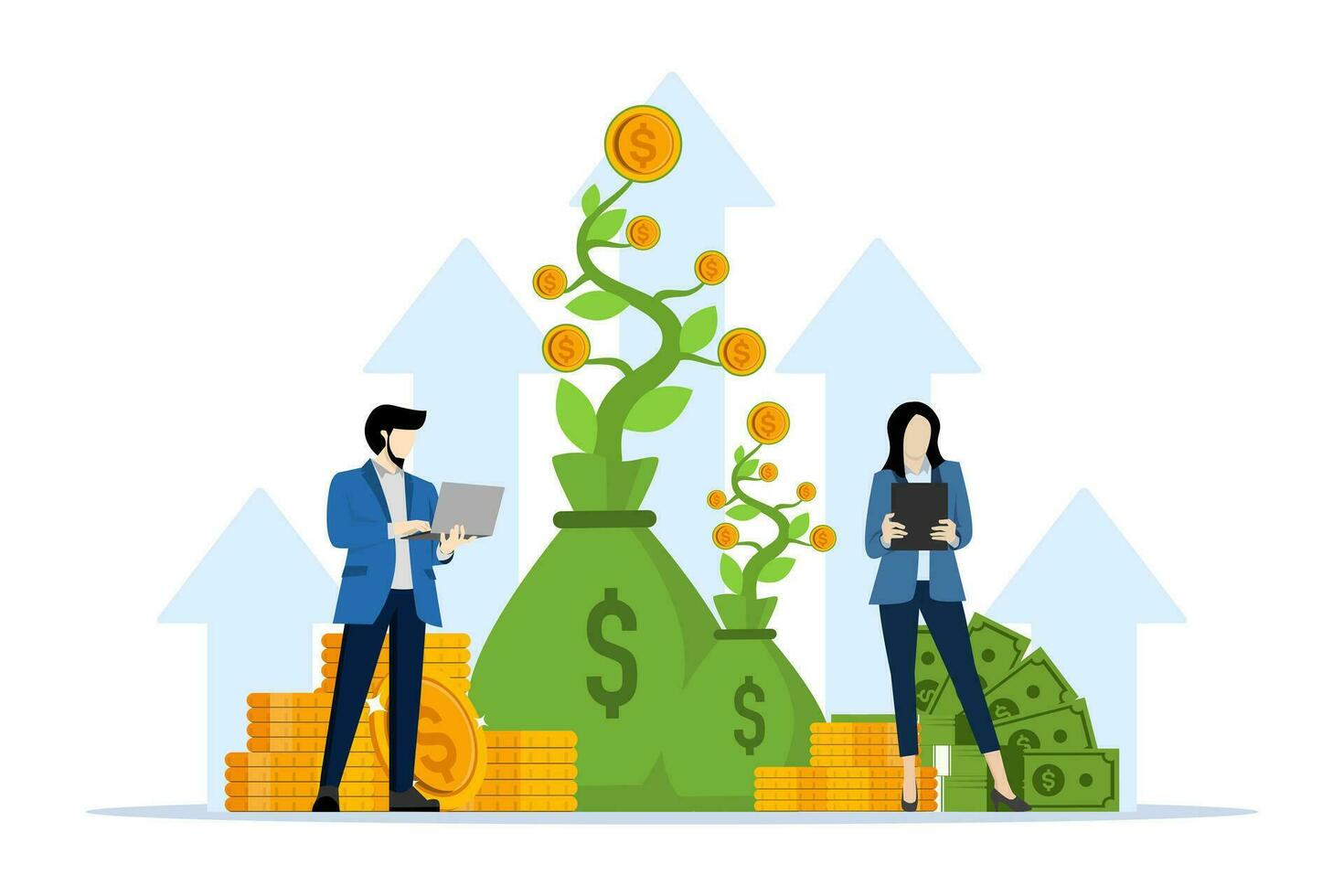 ROI concept financial performance return on investment with arrows. increase in income salary levels. revenue margin business profit growth. cost sales icon. flat style vector illustration.