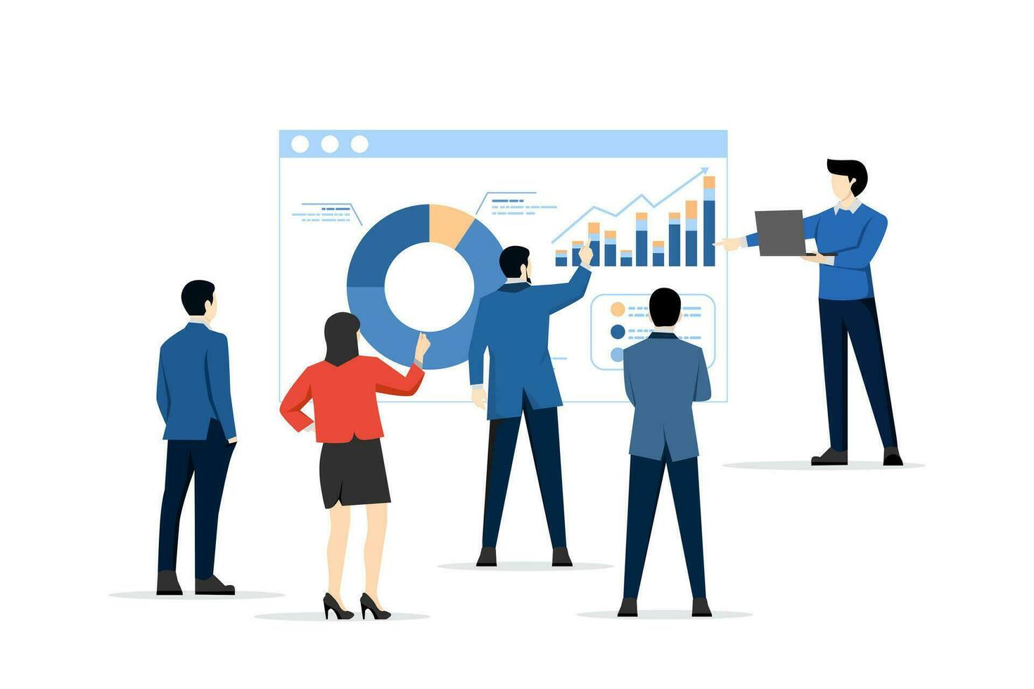 Concept of staff training, seminar or workshop to learn new skills, team coaching or discussion, business course, meeting or briefing, smart entrepreneurship with presentation to company employees. vector