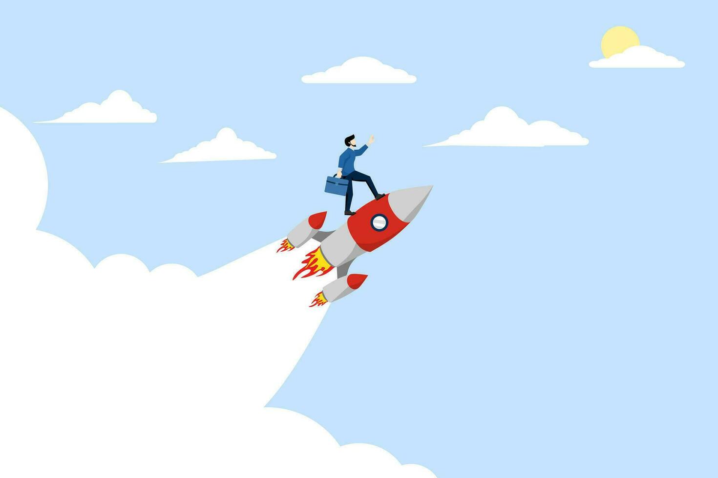 Business startup concept, Successful entrepreneurs start a business by riding a rocket that flies across the sky. project launch, goal achievement, flying rocket, business concept illustration. vector