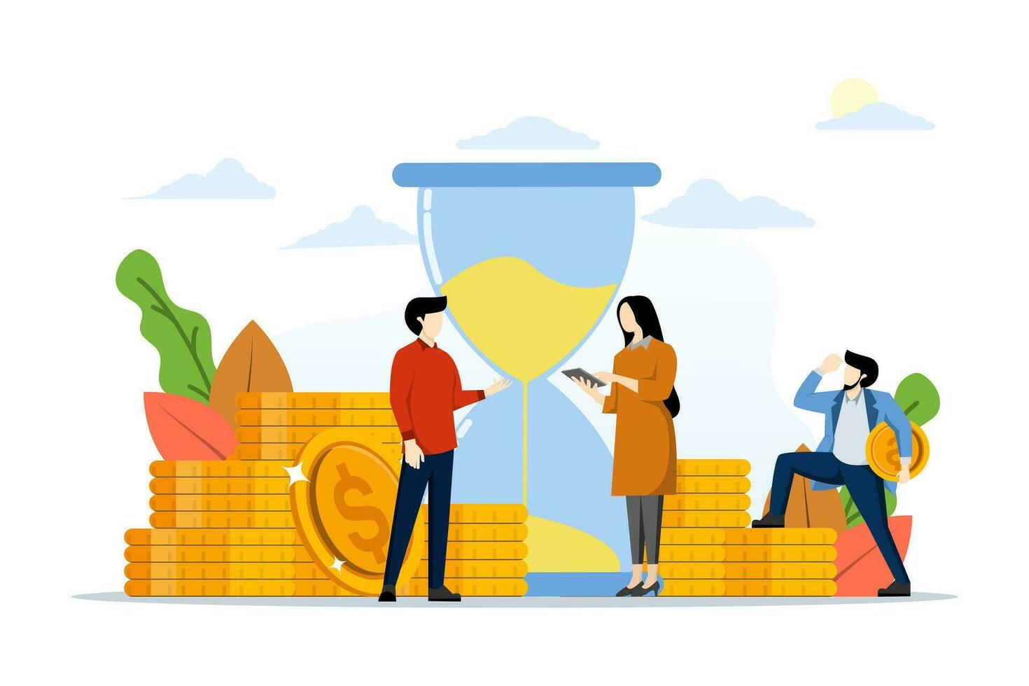 Investment management concept. companies engage in joint construction and growth of monetary profits, a metaphor of time. people teamwork, business analysis, career growth are beneficial for success. vector