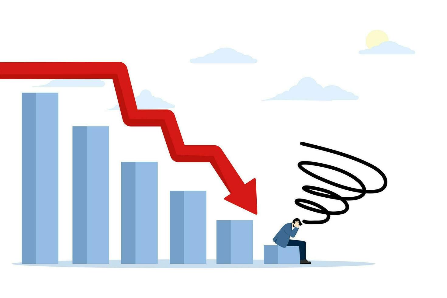 financiero y económico crisis concepto. empresario sensación decepcionado con descendente grafico símbolo. bancarrota, no pagado préstamo deuda, inversión fracaso. plano vector ilustración en blanco antecedentes.