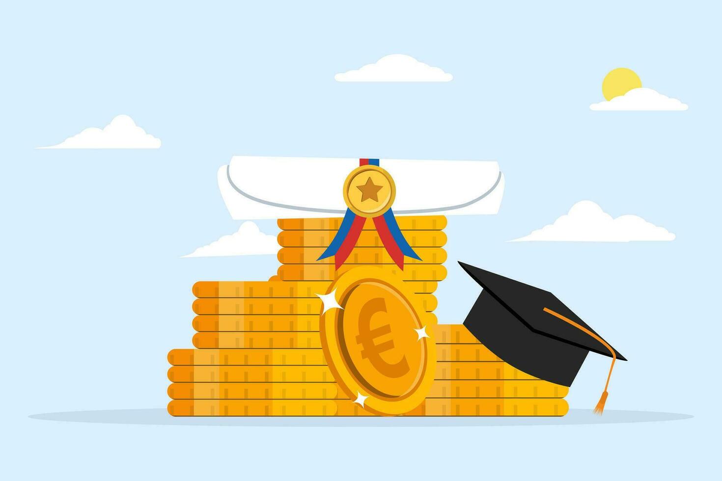 concepto de educación costos, colegio Tarifa o becas, dinero para Universidad o graduación, estudiante Tarifa o deuda, Universidad diploma, euro dinero monedas con graduación gorra y birrete certificado. vector