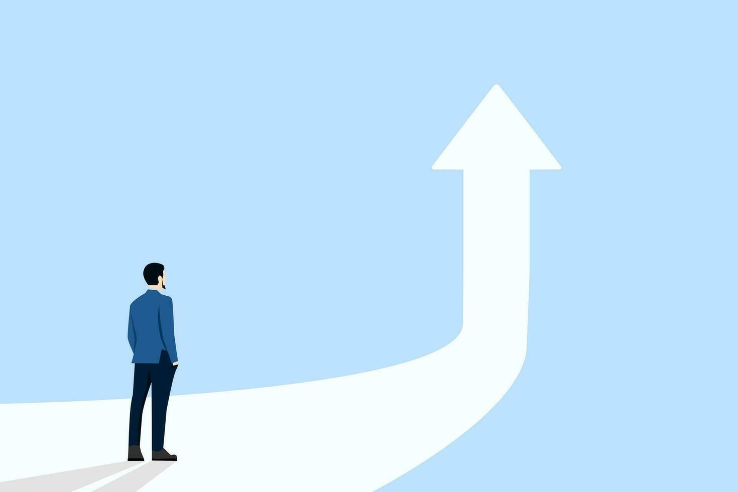 Business success to the next level concept. Businessman standing in front of arrow symbol illustration, challenge to become better and achieve success, vision to see next goal, motivation to succeed. vector