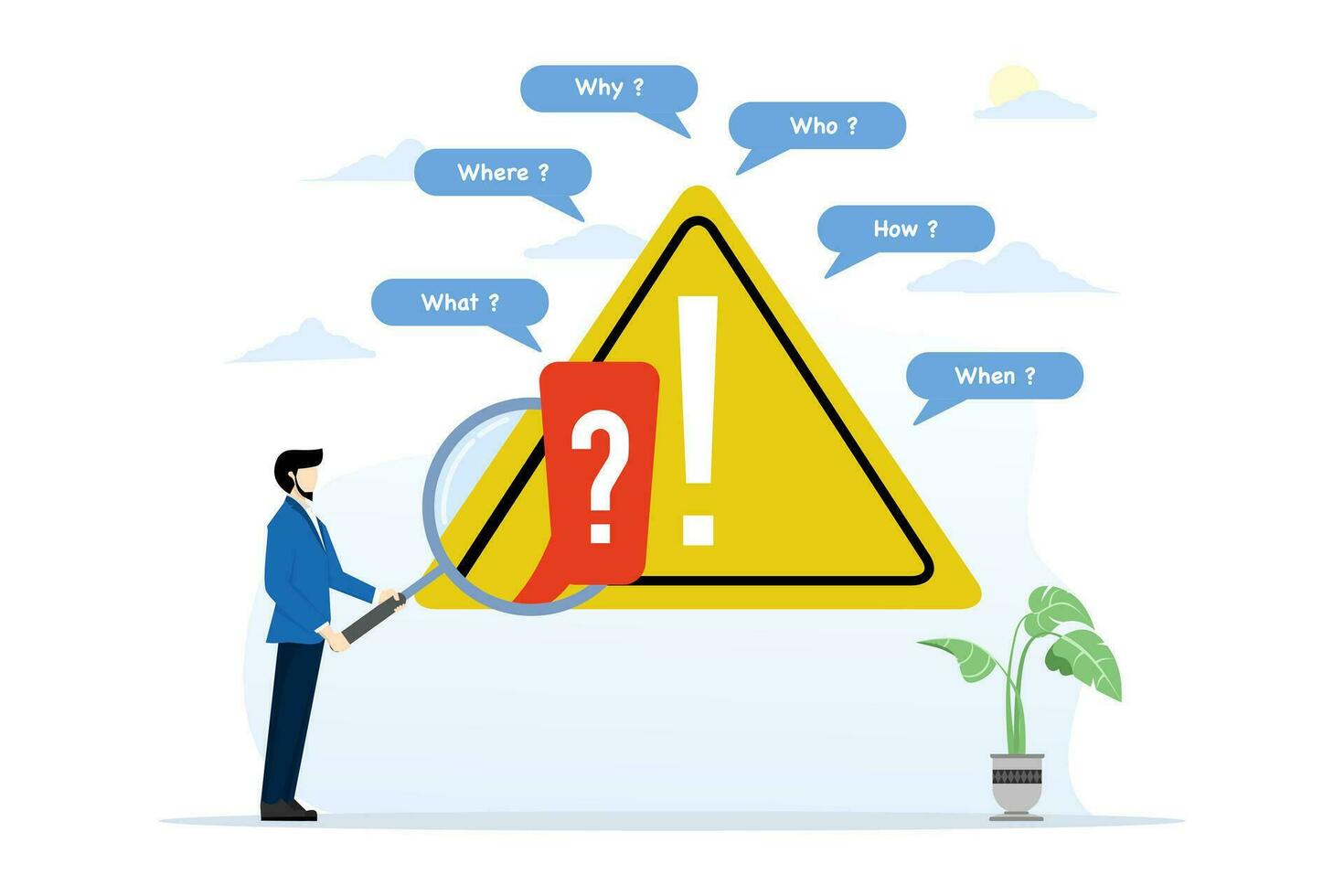 Problem identification, root cause analysis and problem solving, identifying risk or critical failure concept, businessman with magnifying glass and investigating incident with exclamation mark. vector