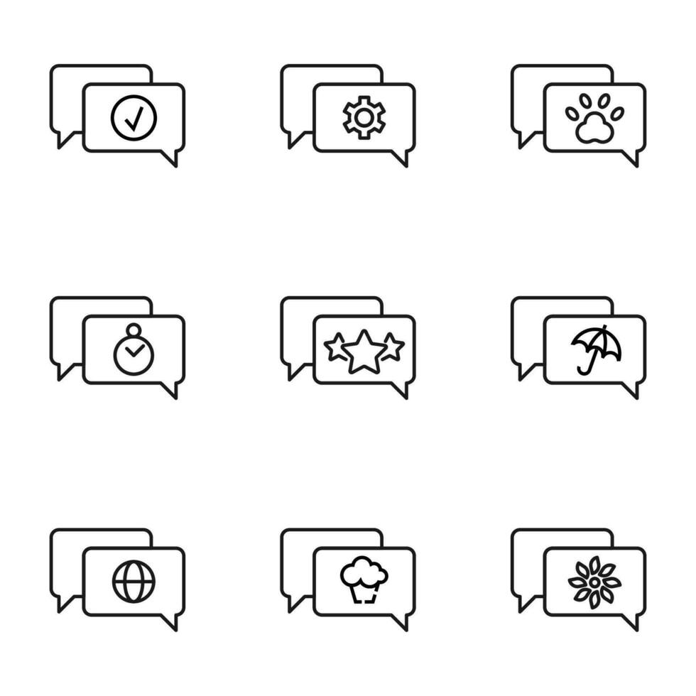 Vector line icon set for web sites, stores, banners, infographic. Signs of gear, paw, checkmark, timer, stars, umbrella, globe, cupcake, flower in speech bubble