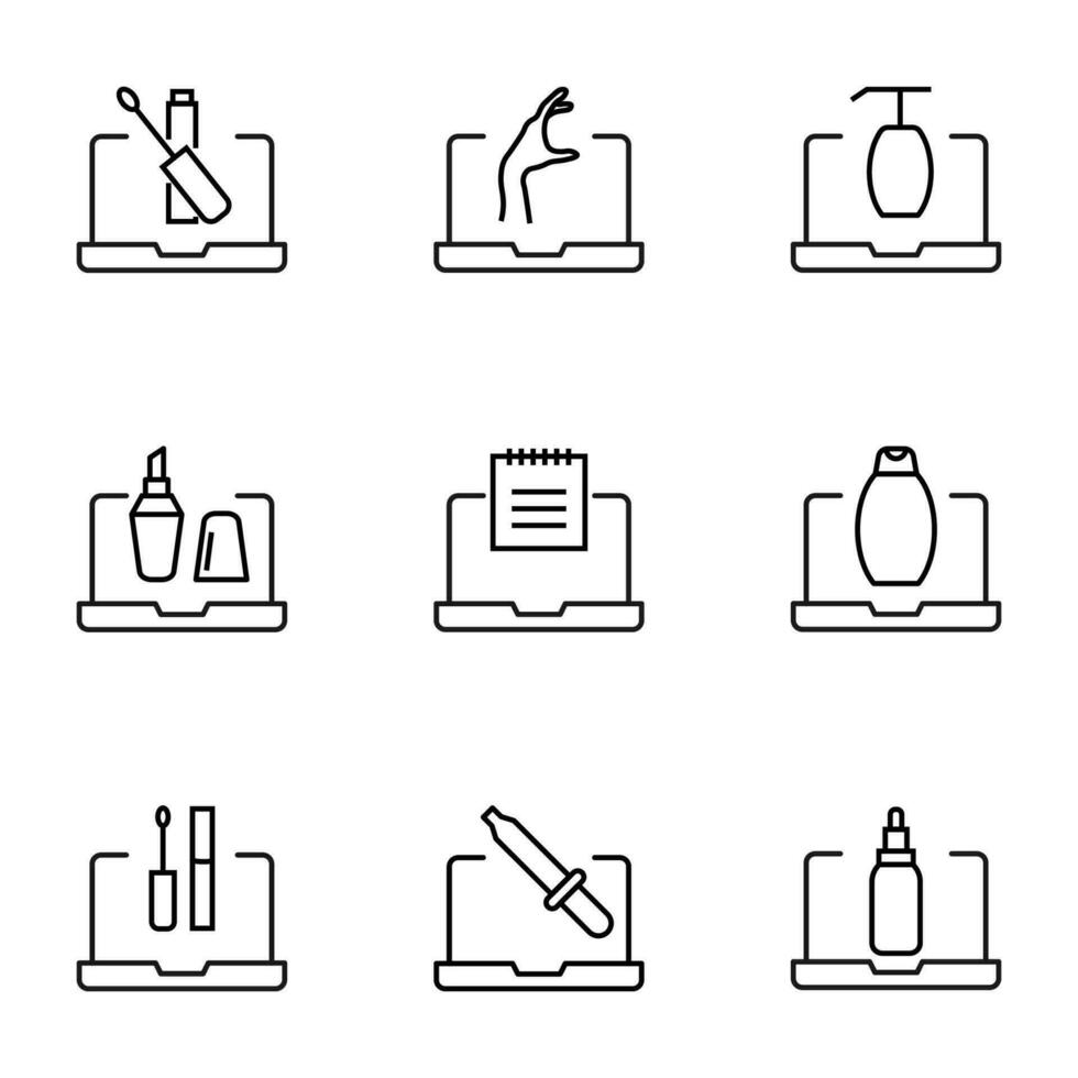 Vector line icon set for web sites, stores, banners, infographic. Signs of mascara, lipstick, hand, cosmetic bottle, calendar on laptop monitor