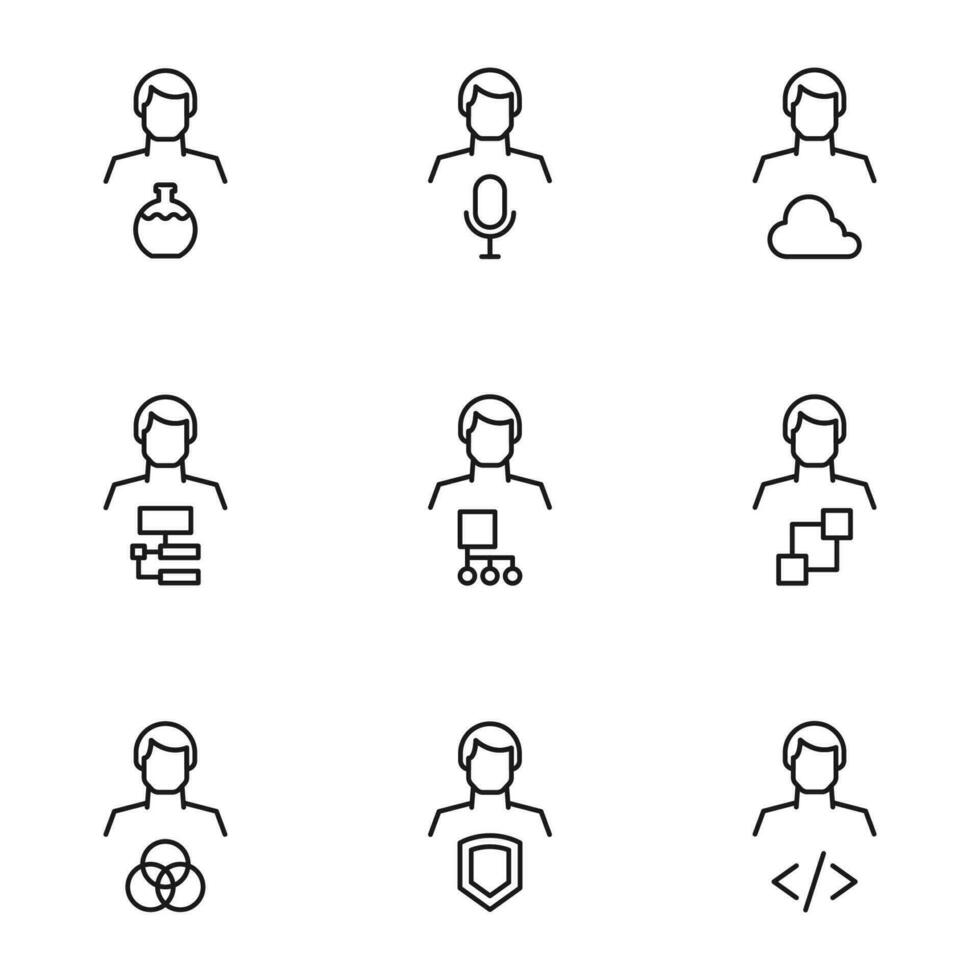 Vector line icon set for web sites, stores, banners, infographic. Signs of bulb, microphone, cloud, map, shield, programming by faceless male user