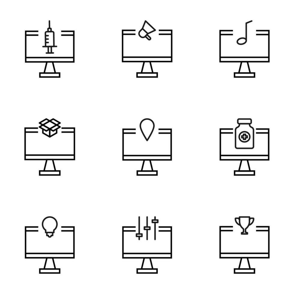 Set of signs for UI, adverts, books drawn in line style. Editable stroke. Icons of syringe, megaphone, musical note, box, medication, map pin, medication, bulb, win on computer vector