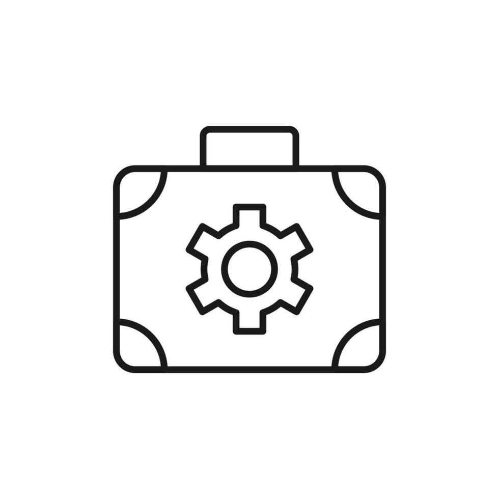 Gear on Suitcase Isolated Line Icon. Perfect for web sites, apps, UI, internet, shops, stores. Simple image drawn with black thin line vector