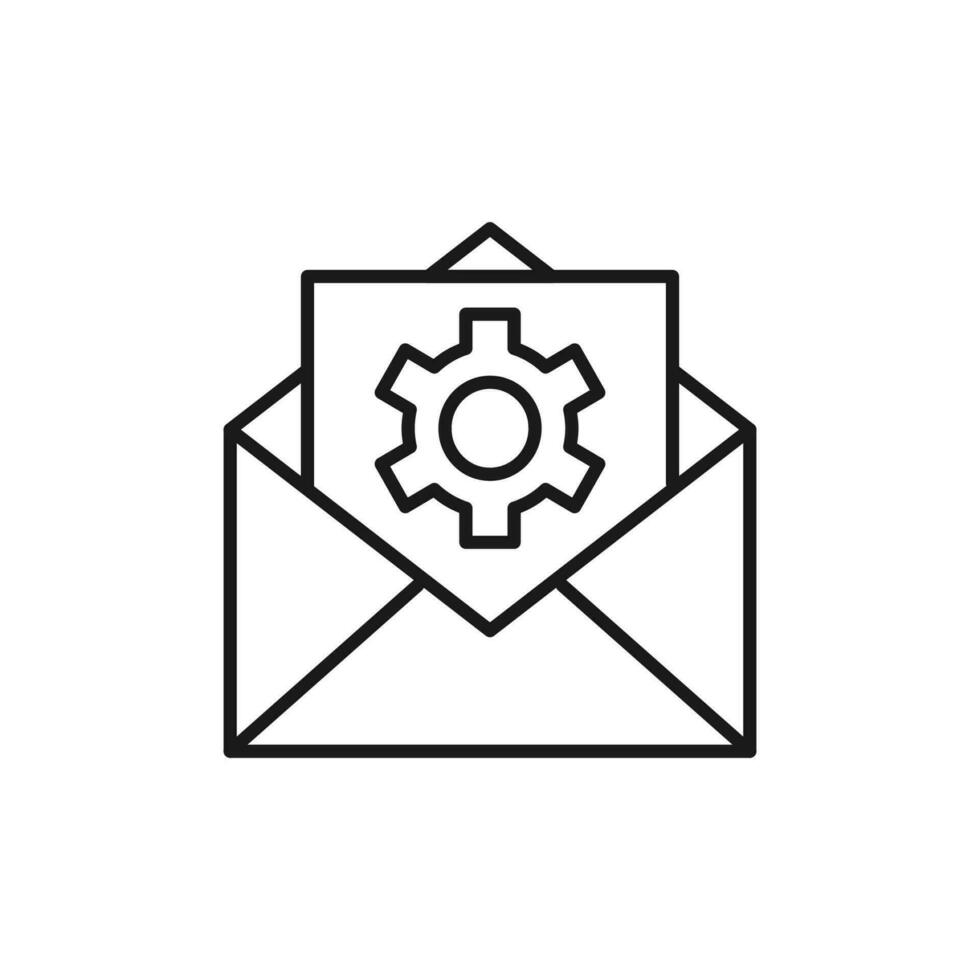 Gear on Letter in Envelope Isolated Line Icon. Perfect for web sites, apps, UI, internet, shops, stores. Simple image drawn with black thin line vector