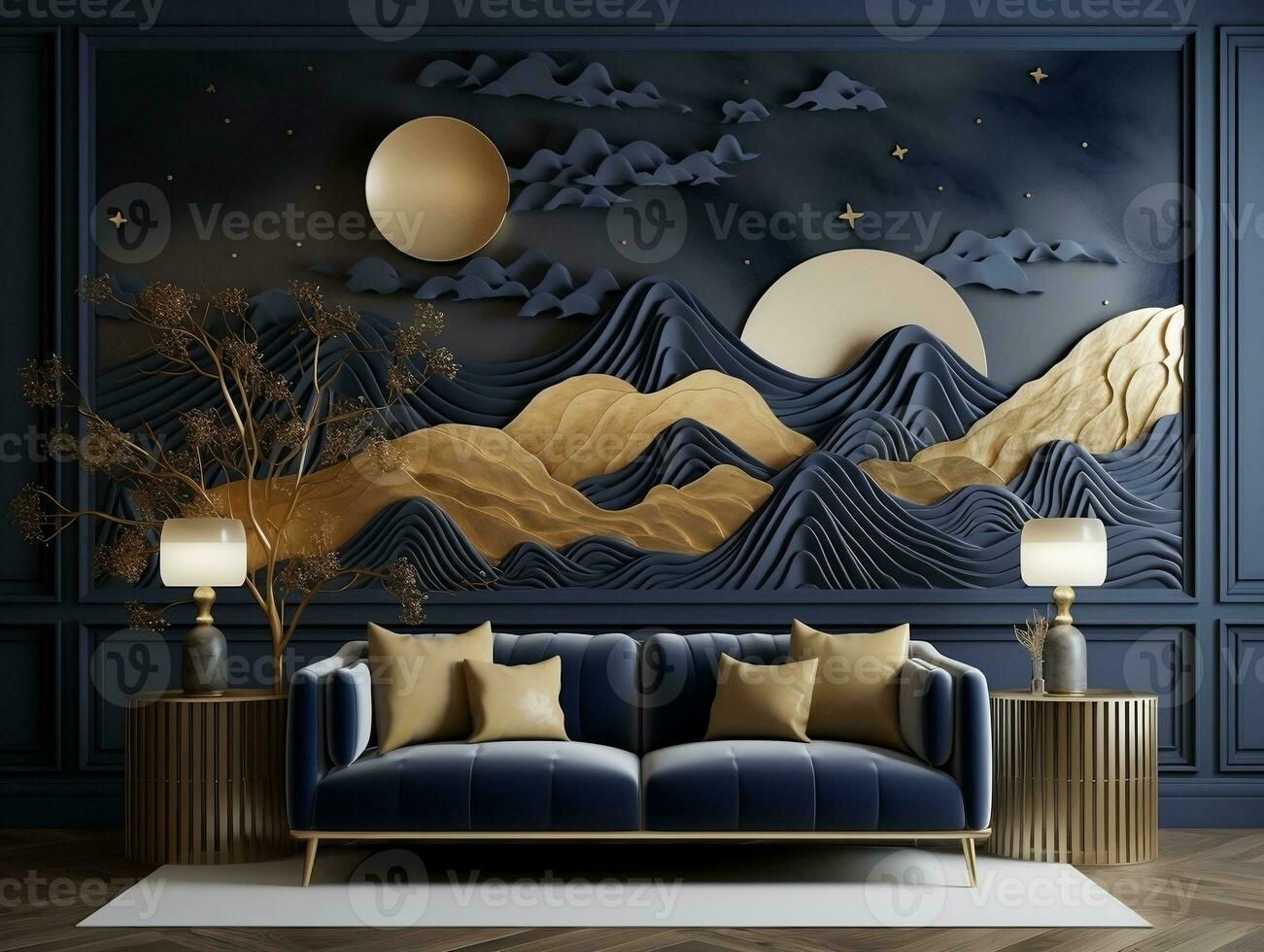 3d modern interior home wall decoration. golden and dark blue mountains, featuring a golden tree with moon dark landscape background generative ai photo
