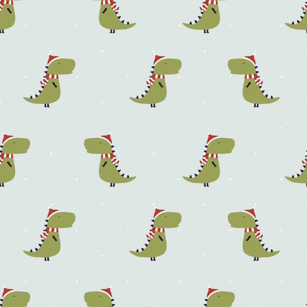 Vector seamless pattern with cute dinosaurs with christmas red hat. Cartoon design for textile, books, phone cases.