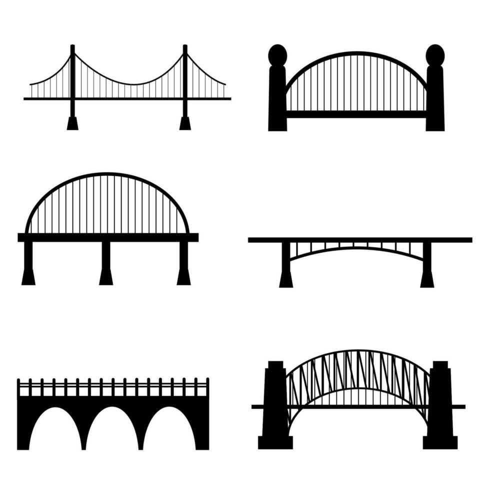 Set of six types of bridge in cuontuor black colour isolated on white background stock vector illustration. Collection urban clipart