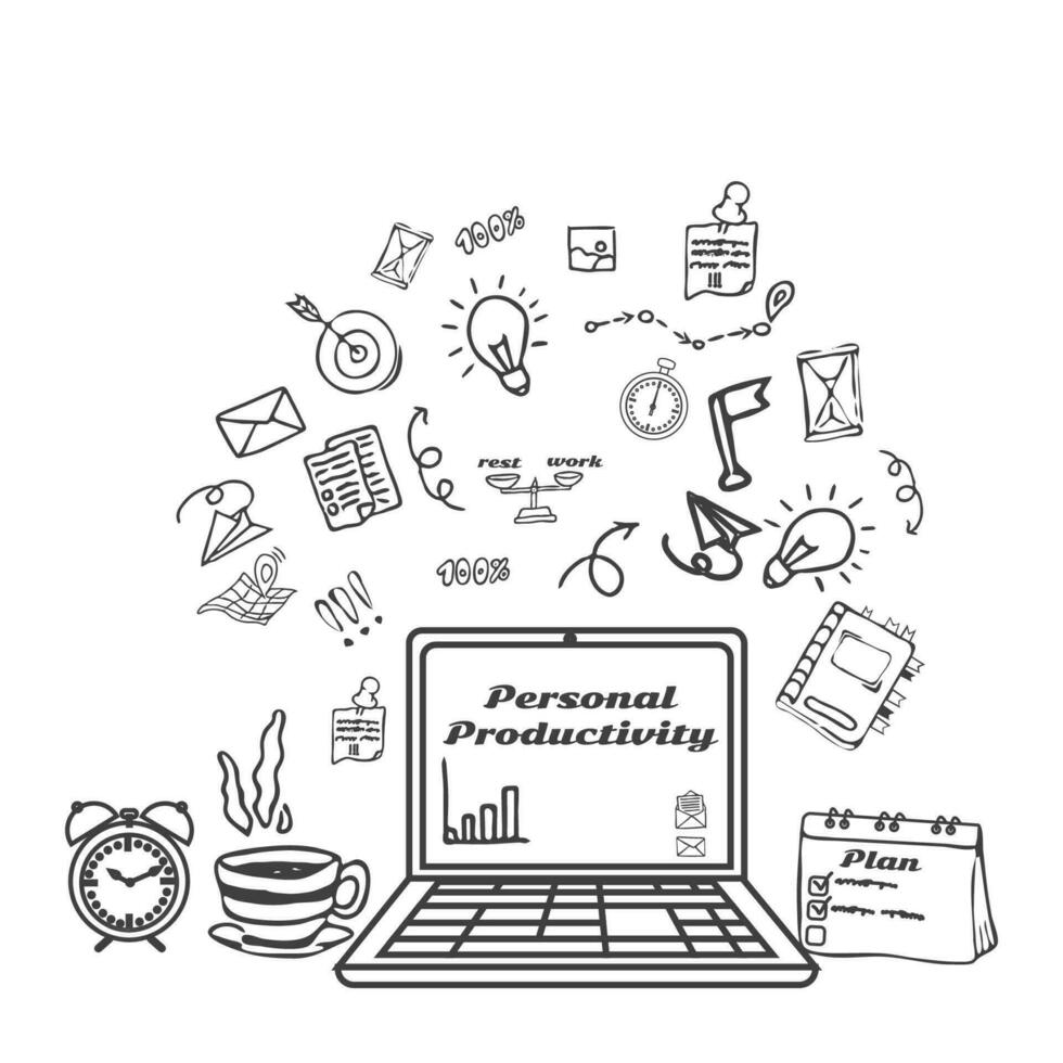 Doodle hand drawn elements of personal productivity, contour objects and text in round shape isolated on white background stock vector illustration. Time management, goals and growth.