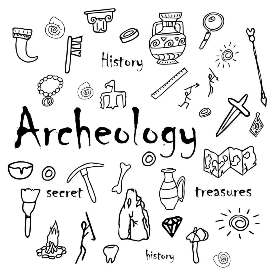 garabatear arqueología, histórico objetos, herramientas, vector