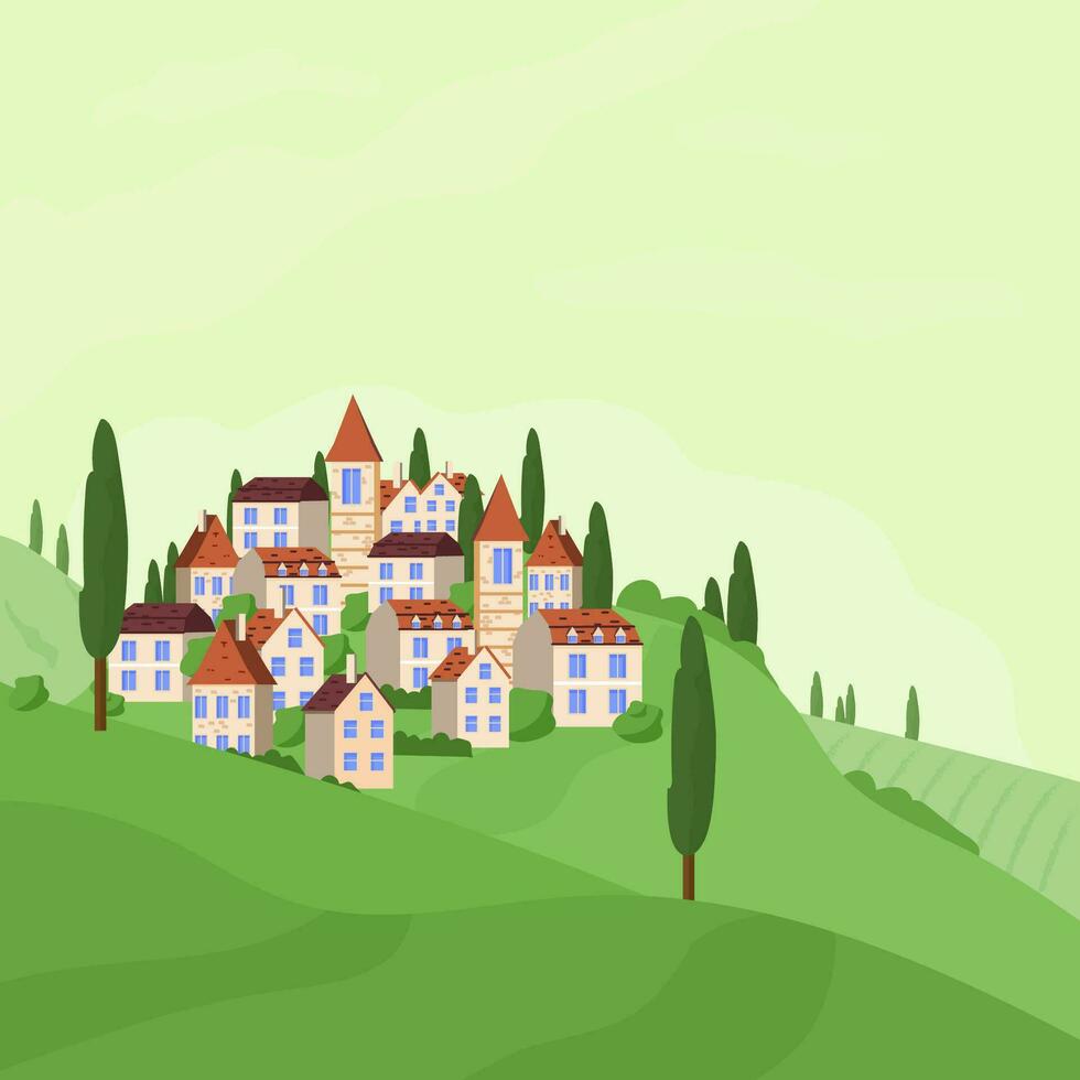 panorámico vector ilustración de rural campo con europeo casas en colinas valores vector ilustración. positivo verde escena, panorámico puntos de vista.