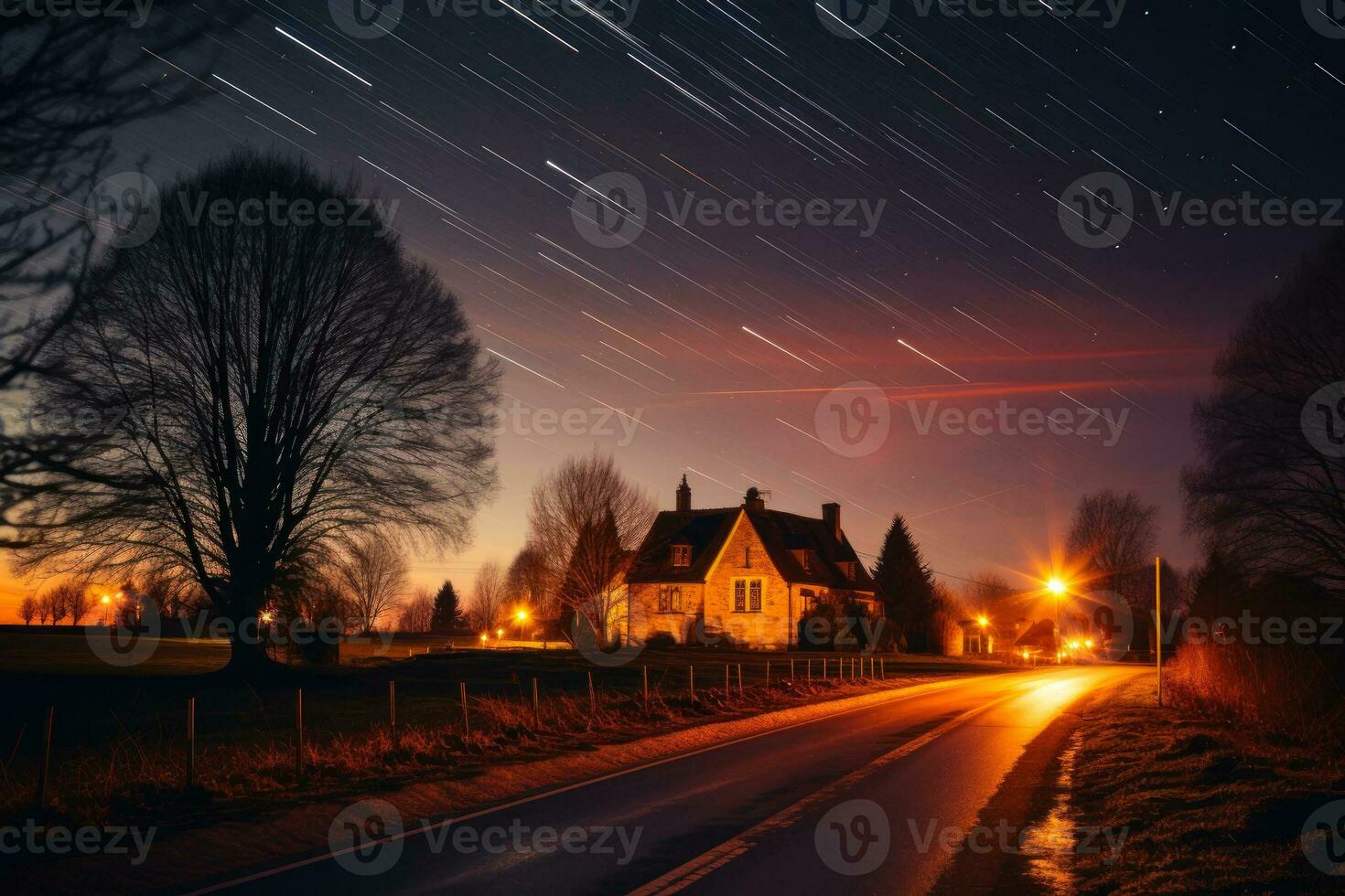 village on night glowing road landscape on shutter speed generative ai photo