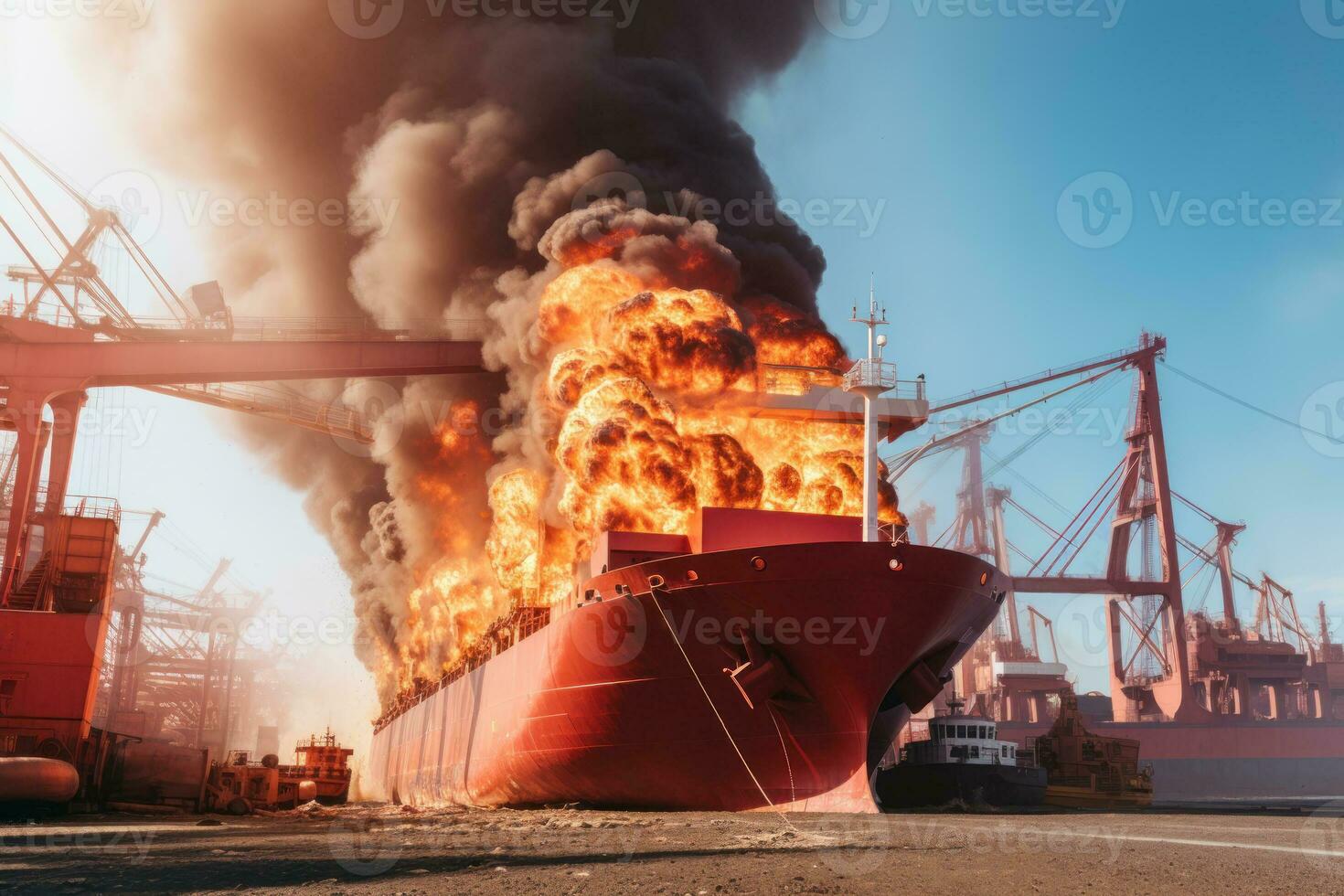 fire in the seaport burning ship, cargo ship with grain after the explosion generative ai photo