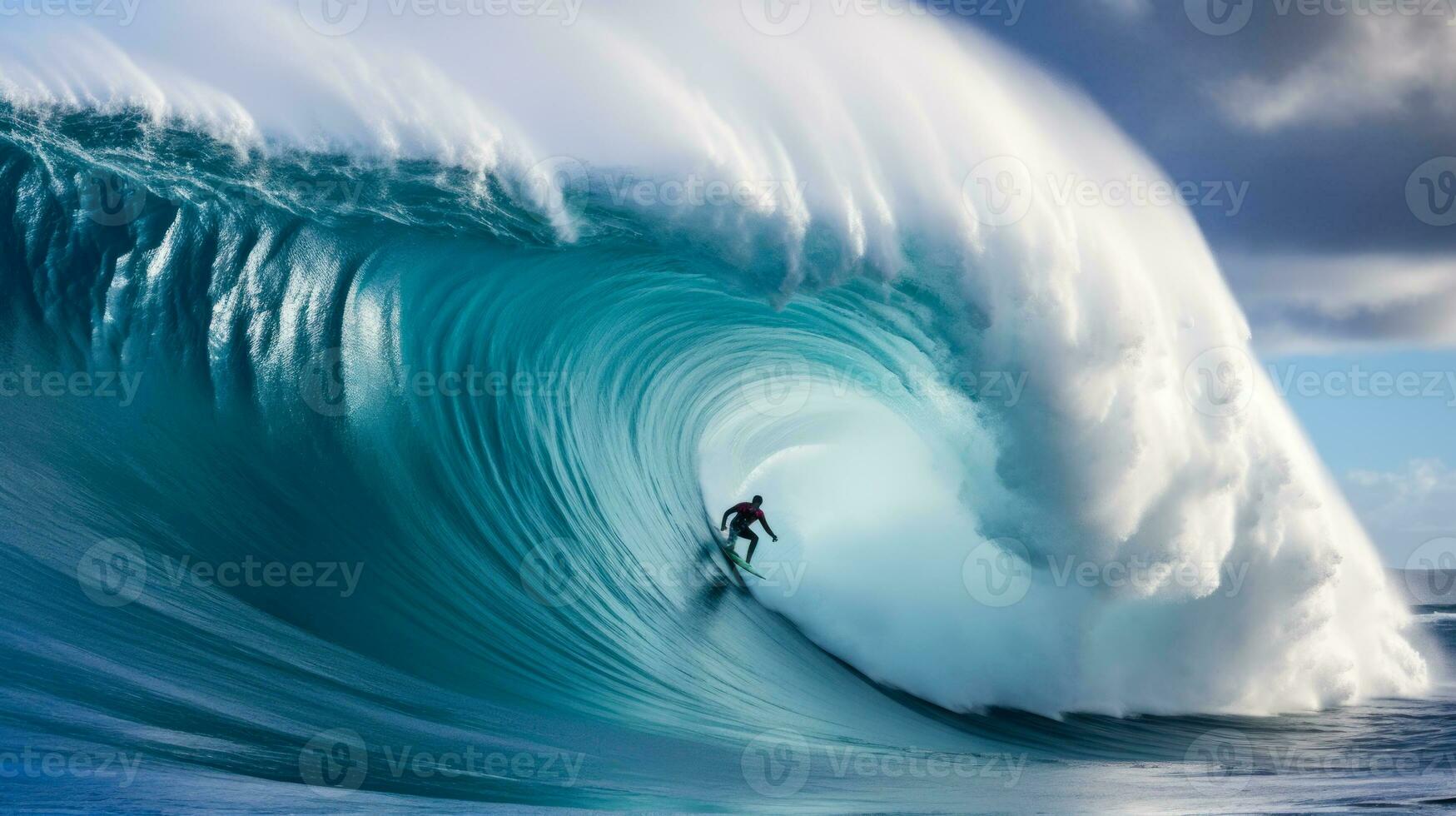 surfer cuts a huge wave on the board, blue water tunnel generative ai photo