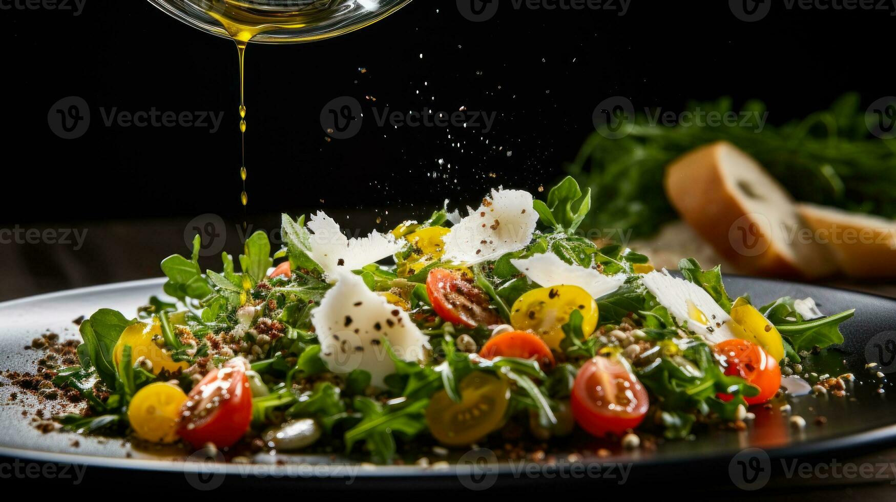 green fresh salad with arugula, tomato cheese and olive oil generative ai photo
