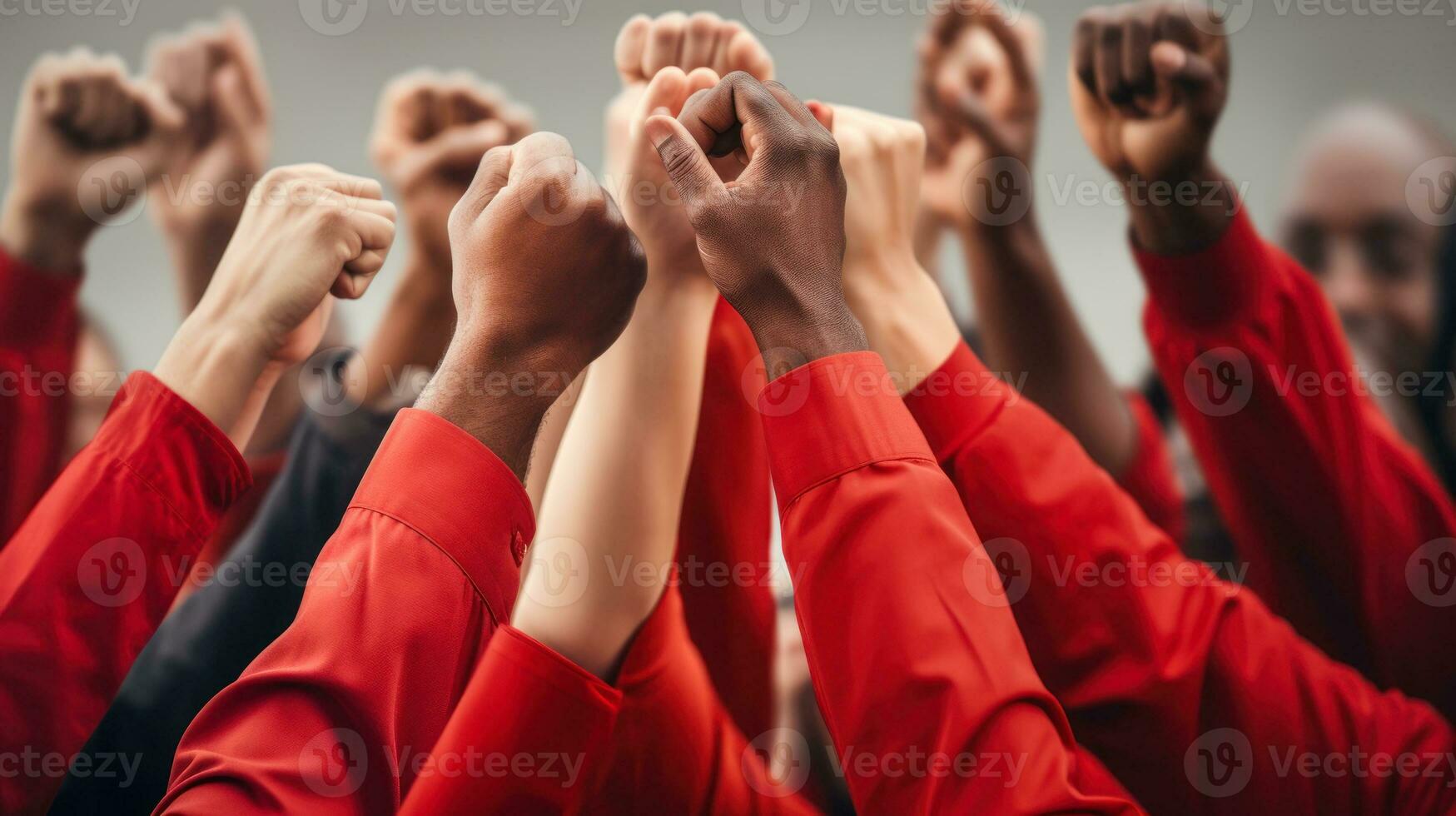 team raised their hands up celebrating victory success generative ai photo