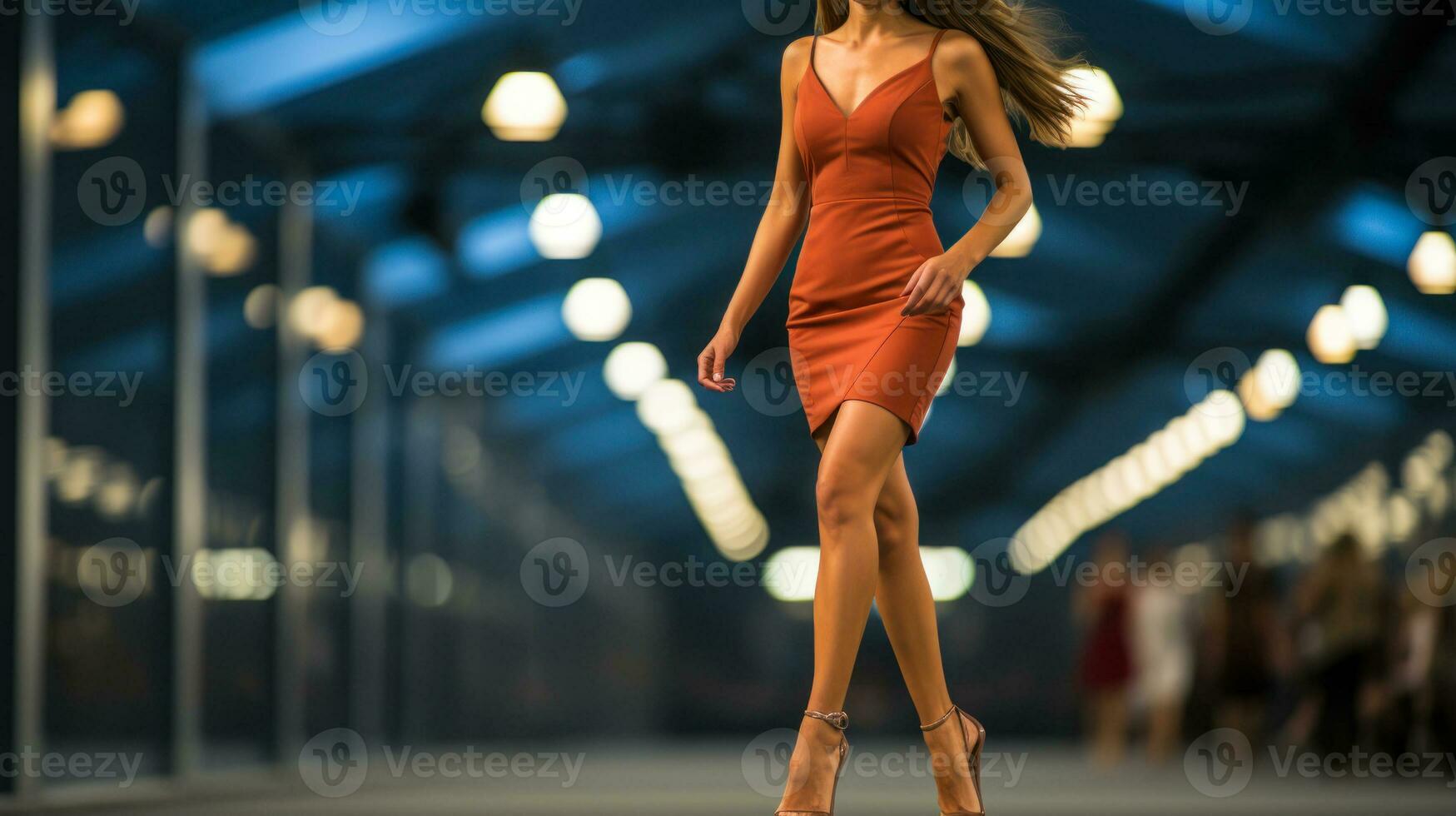 close-up of the legs of a model walking the runway at a fashion show in a short dress generative ai photo