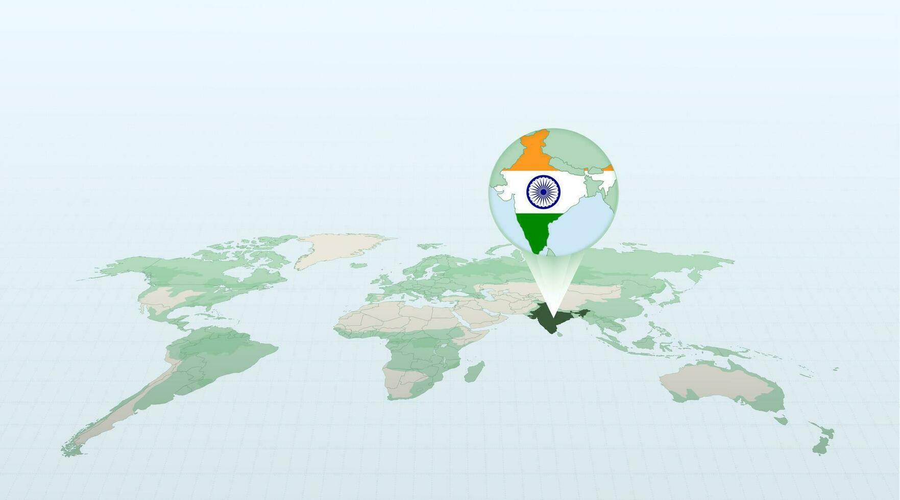 World map in perspective showing the location of the country India with detailed map with flag of India. vector