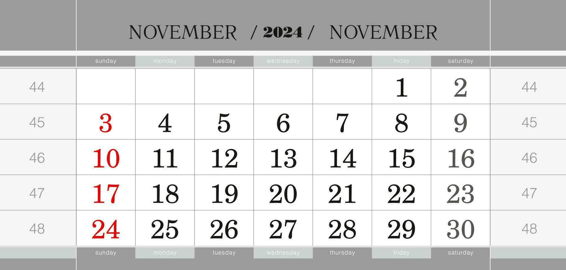 noviembre 2024 trimestral calendario bloquear. pared calendario en inglés, semana empieza desde domingo. vector