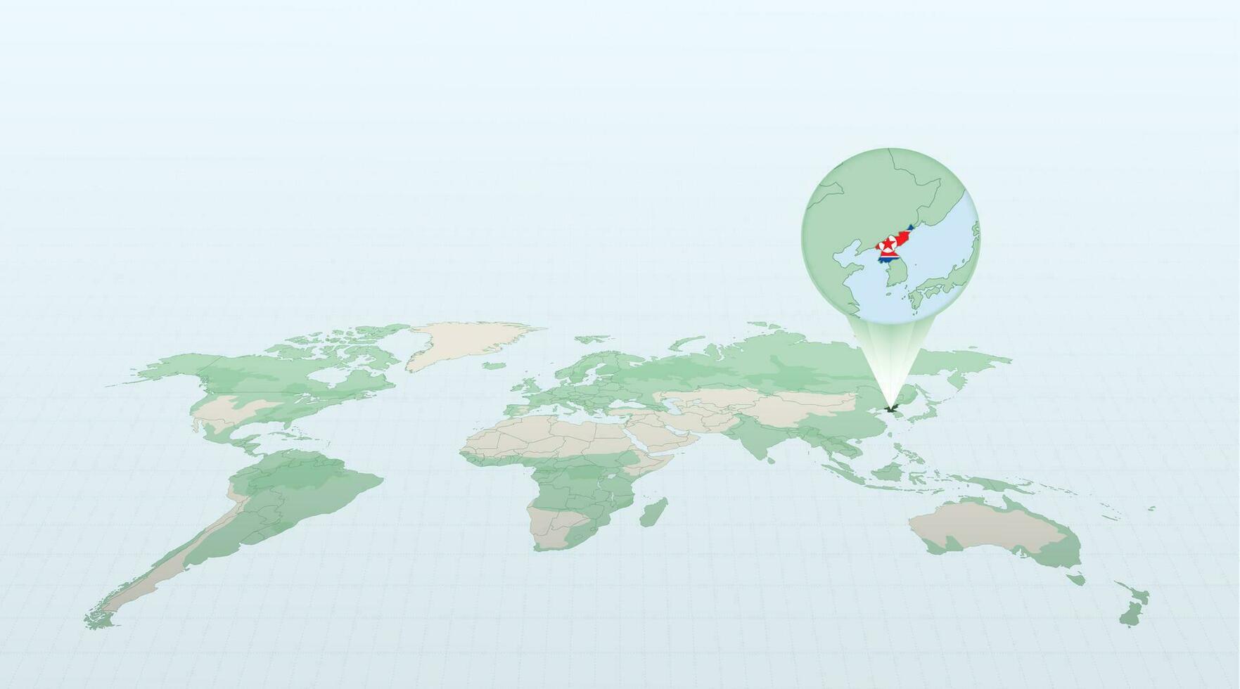 World map in perspective showing the location of the country North Korea with detailed map with flag of North Korea. vector