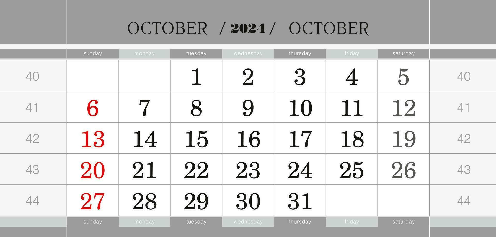 October 2024 quarterly calendar block. Wall calendar in English, week starts from Sunday. vector