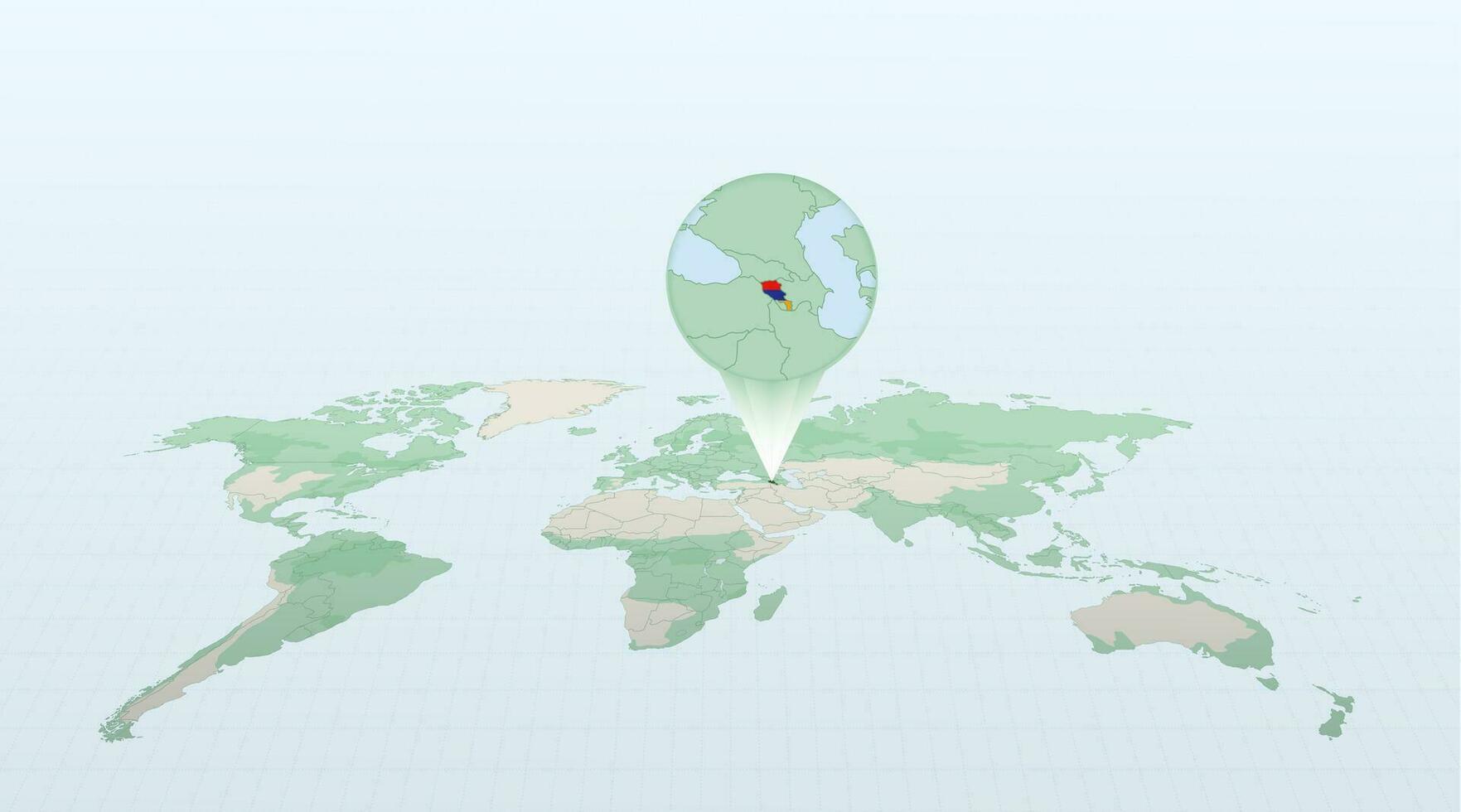 World map in perspective showing the location of the country Armenia with detailed map with flag of Armenia. vector