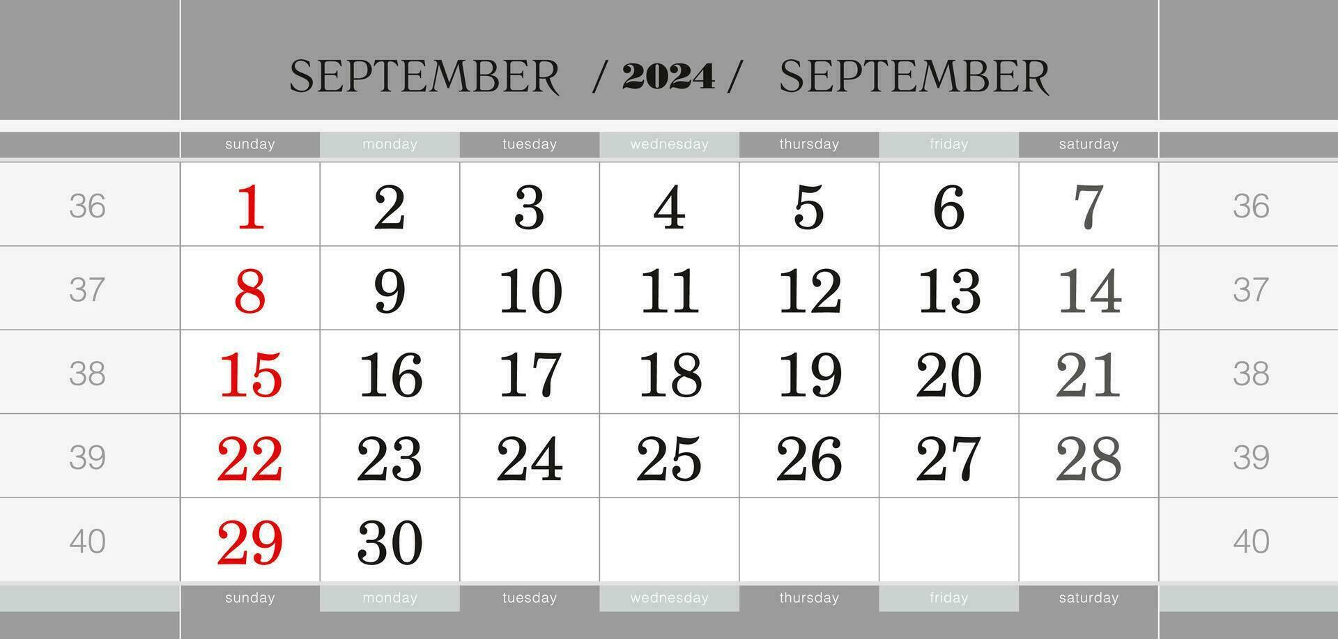 September 2024 quarterly calendar block. Wall calendar in English, week starts from Sunday. vector