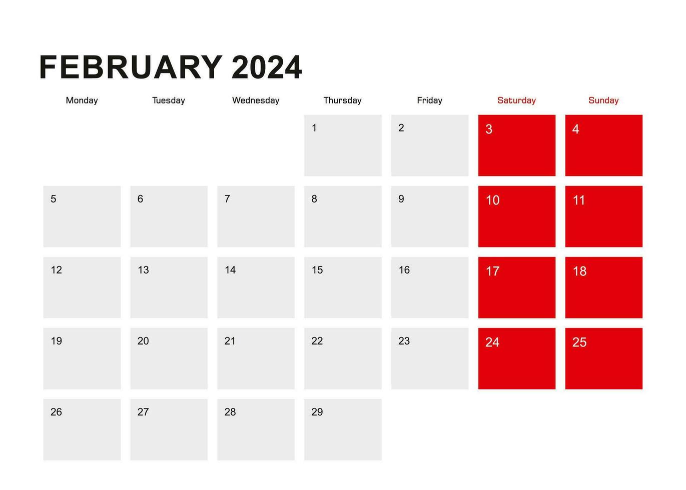 2024 February planner calendar design. Week starts from Monday. vector