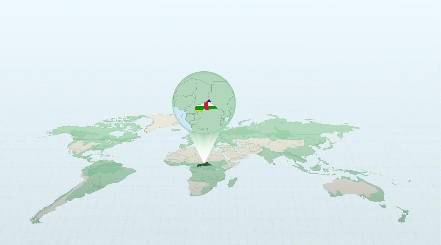 World map in perspective showing the location of the country Central African Republic with detailed map with flag of Central African Republic. vector