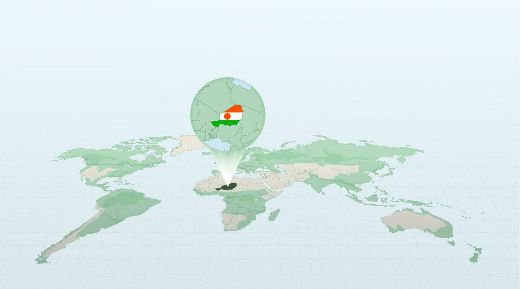 mundo mapa en perspectiva demostración el ubicación de el país Níger con detallado mapa con bandera de Níger. vector