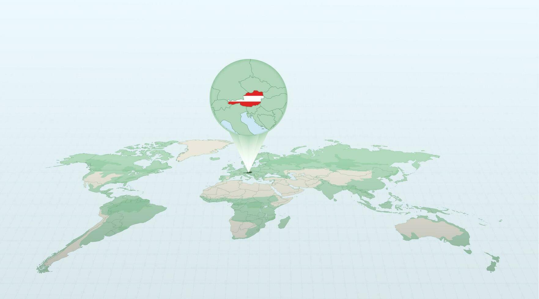 World map in perspective showing the location of the country Austria with detailed map with flag of Austria. vector