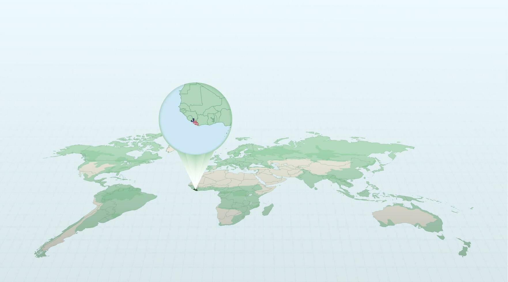 World map in perspective showing the location of the country Liberia with detailed map with flag of Liberia. vector